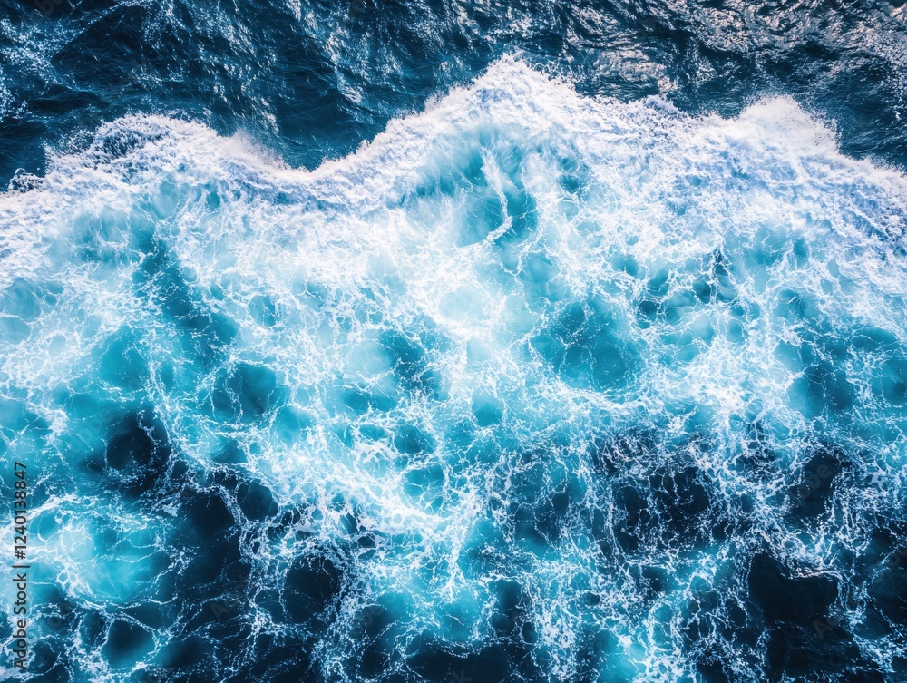 Fototapeta premium Aerial View of Ocean Waves Crashing with White Foam and Deep Blue Water Texture