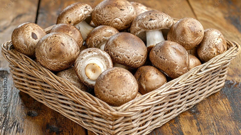 Brown mushrooms wicker basket wood table harvest Brown mushrooms wicker basket wood table harvest