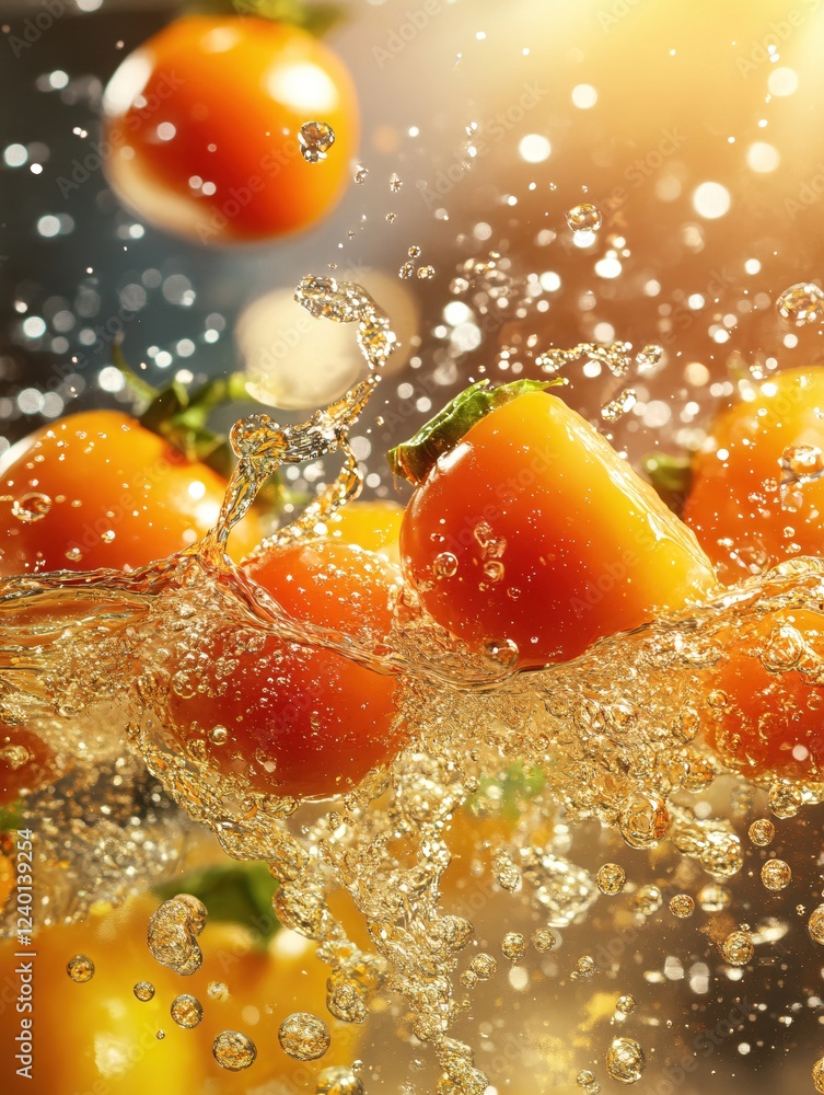 Orange tomatoes in water splash with golden light creating a dynamic and refreshing scene Orange tomatoes in water splash with golden light creating a dynamic and refreshing scene