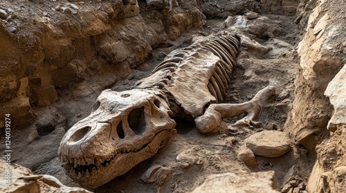 Dinosaur fossil skeleton unearthed during paleontological dig. photo