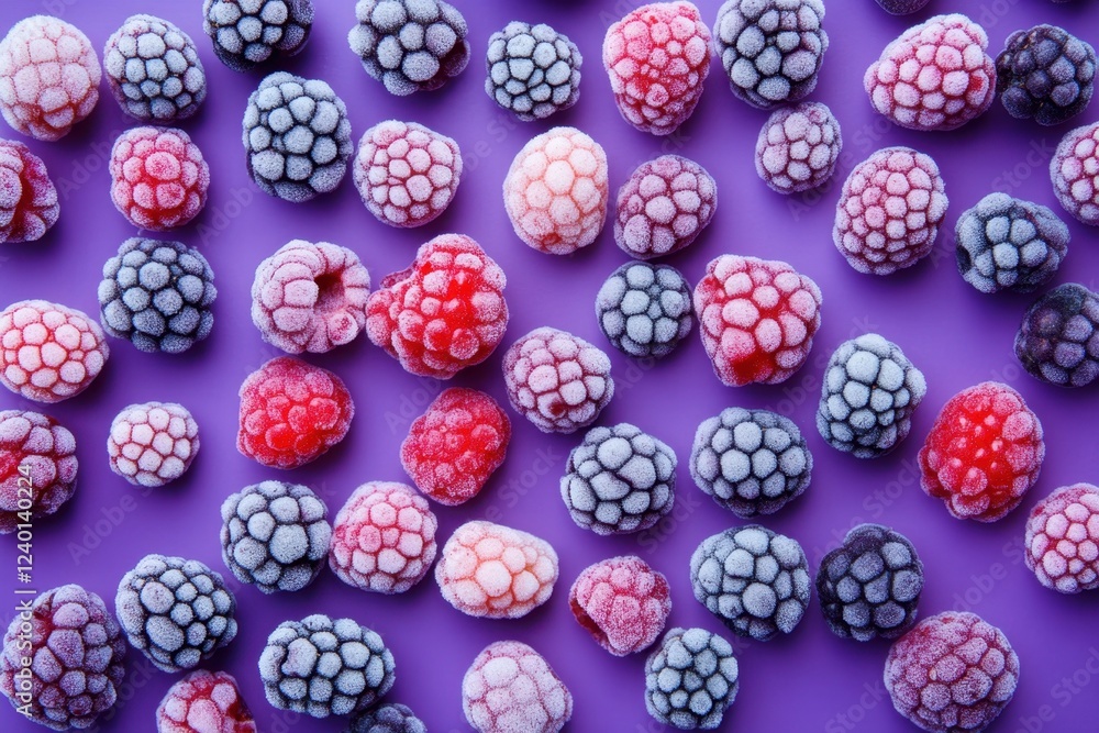 Frozen raspberries and blackberries arranged on purple background Frozen raspberries and blackberries arranged on purple background