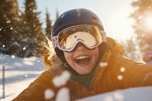 Children in navy blue ski uniforms, smiling brightly in the snowy landscape of Sierra Nevada. They are wearing snow goggles and helmets