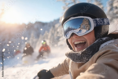 Children in navy blue ski uniforms, smiling brightly in the snowy landscape of Sierra Nevada. They are wearing snow goggles and helmets
