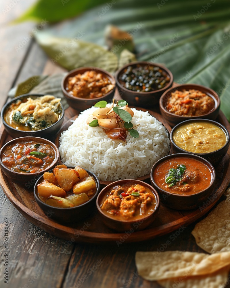 Array of colorful curries and rice on wooden tray with tropical leaves in background Array of colorful curries and rice on wooden tray with tropical leaves in background