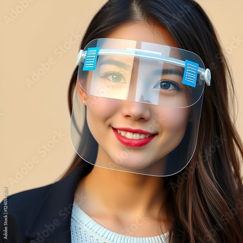 Charming young Asian woman face shield safety close-up isolated background unaltered photo