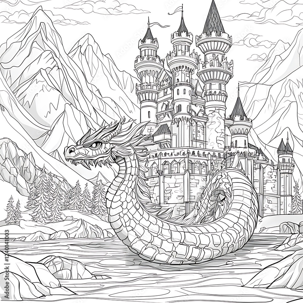 Obraz premium Medieval Castle and Dragon Coloring Page
