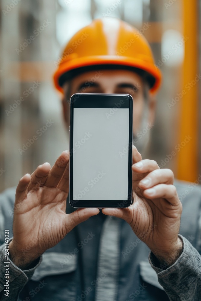 Naklejka premium Construction Worker Showing Blank Smartphone Screen