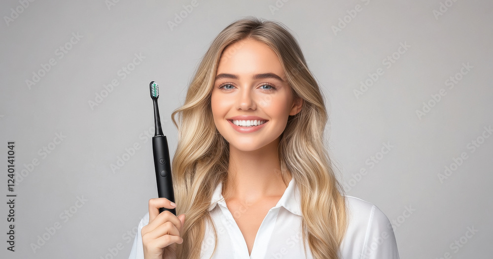young beautiful woman showing electrical tooth brush young beautiful woman showing electrical tooth brush
