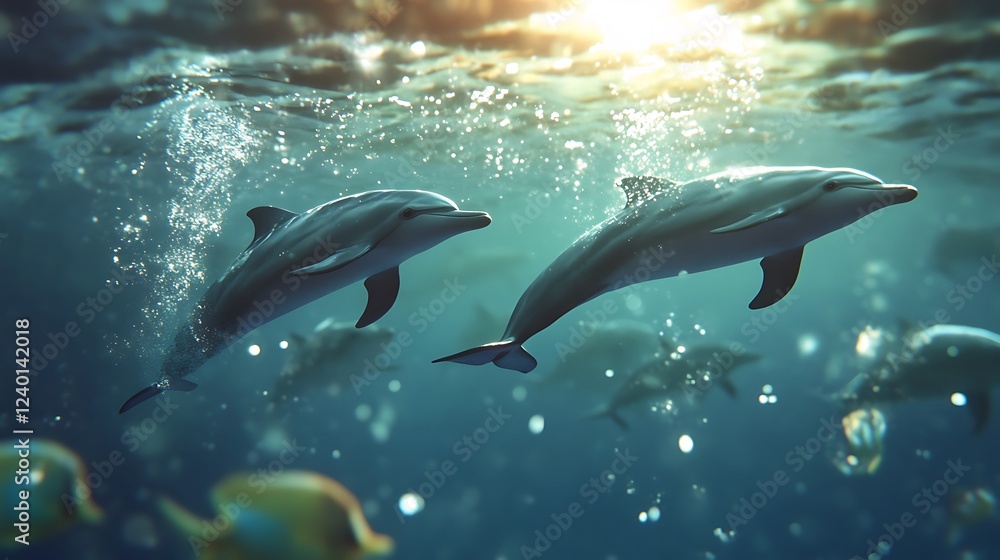 Obraz premium Two Dolphins Swimming Through Sunlit Ocean Water