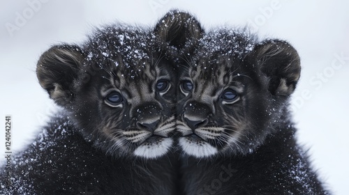 Two black lion cubs resembling peaches are pressed together, with a side view composition. They are white against a backdrop of white, snowy terrain. Their expressions are innocent, fluffy,