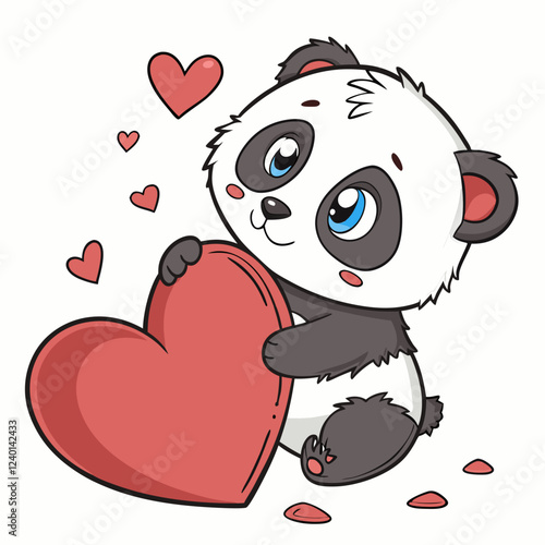 Sweet panda cub gently hugs a big red heart, surrounded by small hearts; a charming Valentine's Day image.