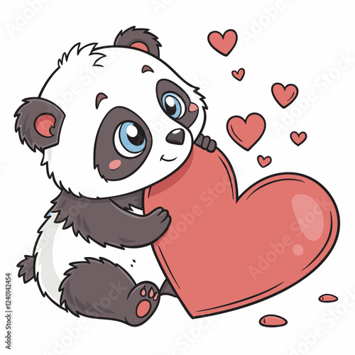 Sweet panda cub gently hugs a big red heart, surrounded by small hearts; a charming Valentine's Day image.