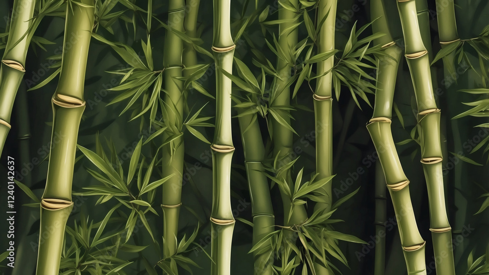 Obraz premium Dense bamboo forest, showcasing tall stalks and vibrant green leaves. A tranquil and serene natural scene.