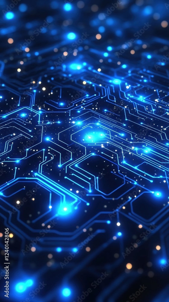 Obraz premium Glowing blue circuit board with bright lights and connections in a futuristic abstract design