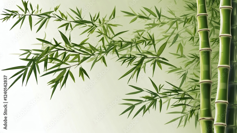 Naklejka premium Serene bamboo grove, lush green leaves and sturdy stalks creating a tranquil atmosphere.