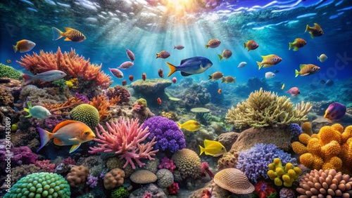 Wallpaper Mural Vibrant Coral Reef Scene with Colorful Fish and Sunlight Rays Torontodigital.ca