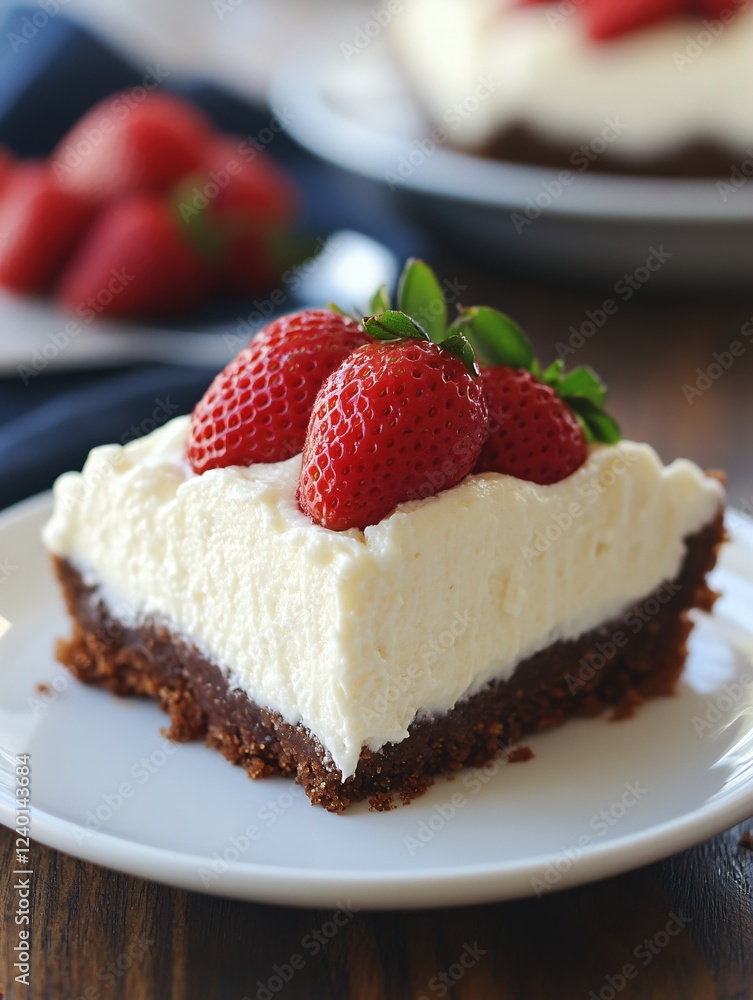 Delicious slice of strawberry dessert with cream cheese on a white plate on a wooden table Delicious slice of strawberry dessert with cream cheese on a white plate on a wooden table