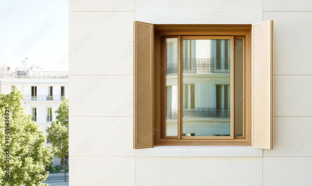 Fototapeta premium Elegant wooden window open to a sunny day in a modern building with green trees nearby