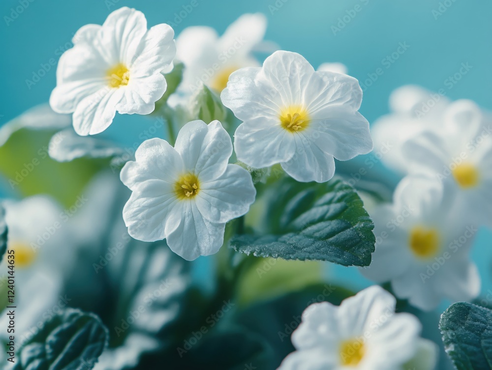White primrose blossoms with yellow centers on a soft blue background in a close up view White primrose blossoms with yellow centers on a soft blue background in a close up view