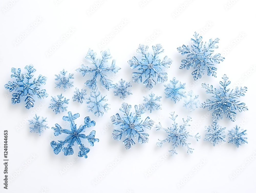 A collection of delicate icy blue snowflakes in various intricate symmetrical designs isolated on a white background, perfect for winter-themed graphics and prints. A collection of delicate icy blue snowflakes in various intricate symmetrical designs isolated on a white background, perfect for winter-themed graphics and prints.