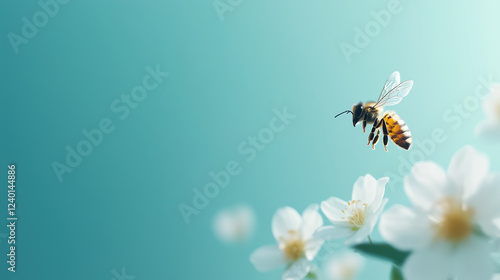 Honey bee flying near white flowers in turquoise background. Nature and pollination concept