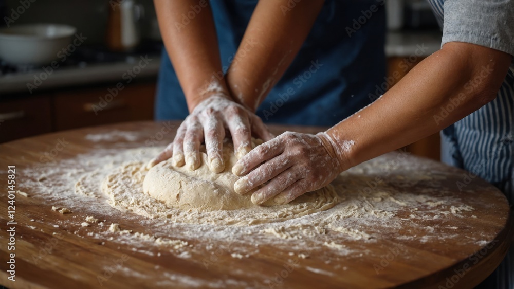 pair of hands kneading dough on a wooden surface. The hands are covered in flour, which is visible on the surface. In the center of the image, there is a ball of dough that is being kneaded. pair of hands kneading dough on a wooden surface. The hands are covered in flour, which is visible on the surface. In the center of the image, there is a ball of dough that is being kneaded.