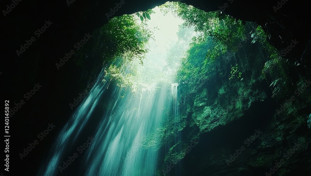 Sunlight streams through a cave opening, illuminating a lush, green waterfall. Sunlight streams through a cave opening, illuminating a lush, green waterfall.