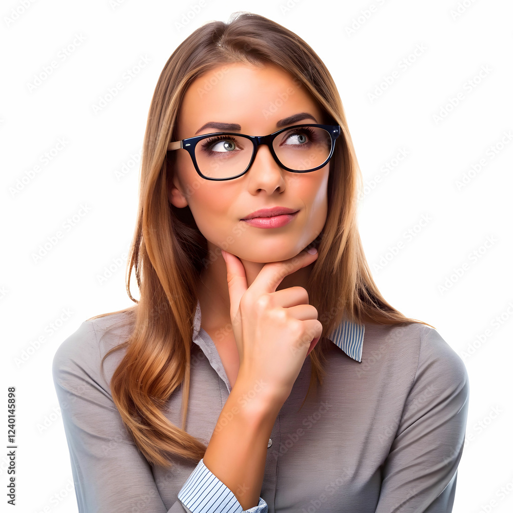 Woman with Glasses Thinking on white Background Woman with Glasses Thinking on white Background