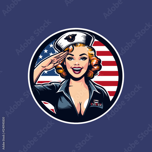 pinup girl navy seal salute pose with american flag	

