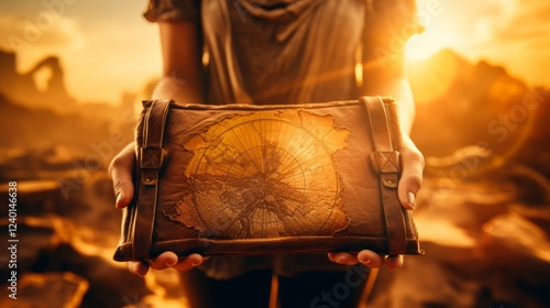 Holding a treasure map while standing in a golden sunset landscape. Generative AI photo