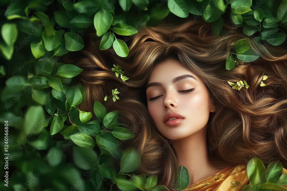 a Indian model girl with an open face and luxuriously scattered hair on the green foliage. a Indian model girl with an open face and luxuriously scattered hair on the green foliage.