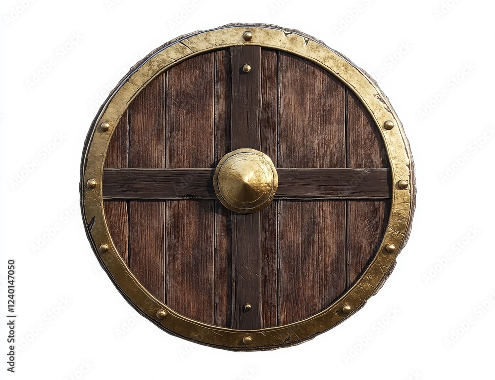 Fototapeta premium Round wooden shield with gold rim and boss.