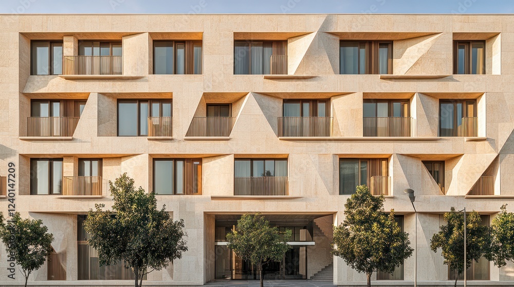 Modern beige building with geometric facade, balconies, and trees. Modern beige building with geometric facade, balconies, and trees.