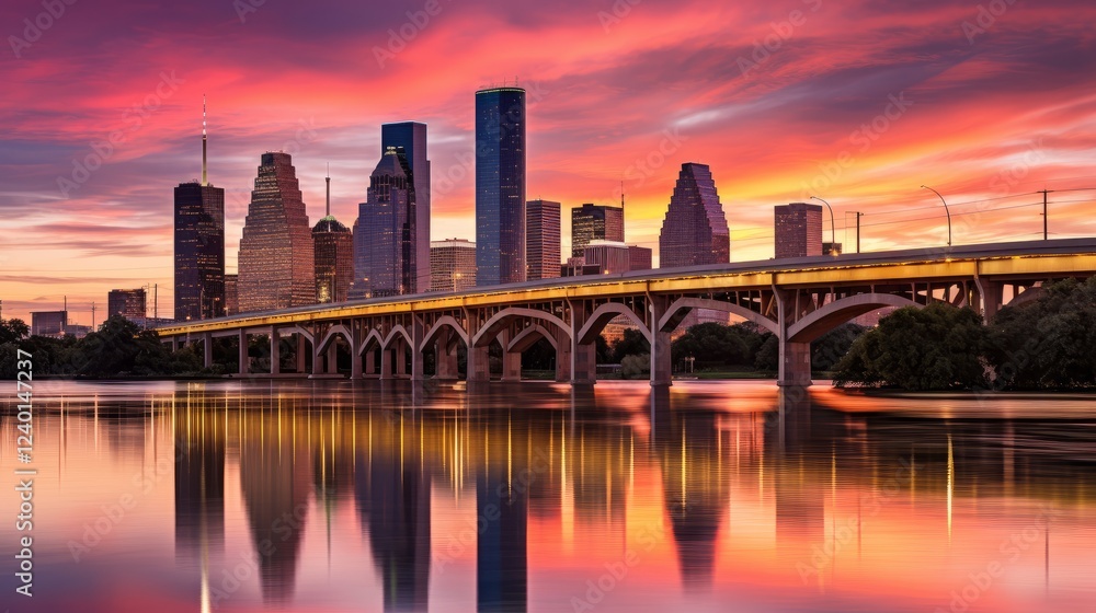 Naklejka premium Beautiful sunset paints Houston skyline over calm waters. Generative AI