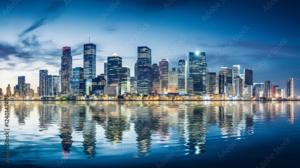 Fototapeta premium City skyline reflecting in the water during twilight hours. Generative AI
