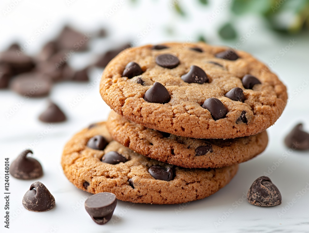 Stack of three delicious chocolate chip cookies on a white marble surface with chocolate chips Stack of three delicious chocolate chip cookies on a white marble surface with chocolate chips