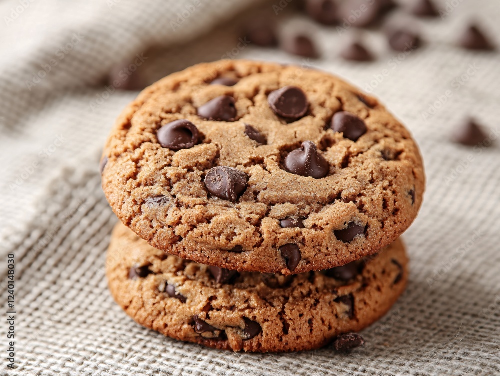 Stack of two chocolate chip cookies on a burlap surface with loose chocolate chips around Stack of two chocolate chip cookies on a burlap surface with loose chocolate chips around