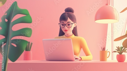 3D illustration of a woman with glasses working on a laptop in a stylish home office with plants and warm lighting. Modern and aesthetic workspace concept.