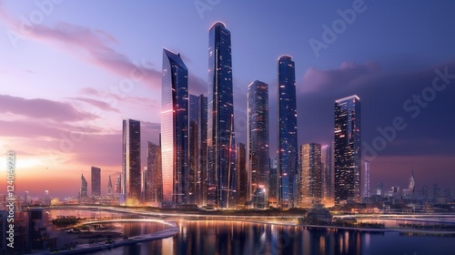 Stunning 3D illustration of a futuristic smart city with illuminated skyscrapers at sunset. Modern urban landscape represents innovation, technology, and advanced infrastructure.