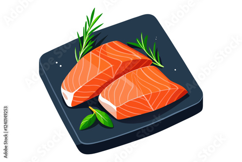 Two salmon fillets. raw. on a black slate cutting board Topped with rosemary sprigs and a dusting