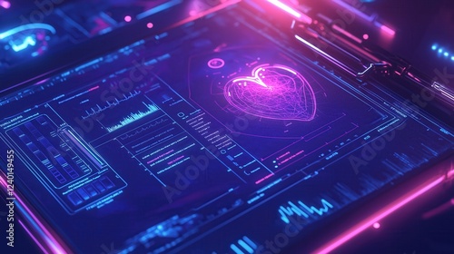 3D illustration of a futuristic biometric health scan displaying digital heart monitoring and medical data, high-tec interface for AI driven healthcare and diagnostics.
