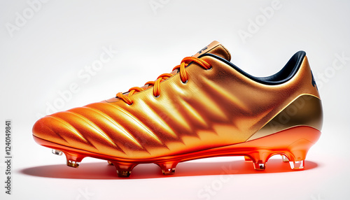 Cutting-edge football cleats with a lustrous, metallic coating, glowing with intensity against a white backdrop photo