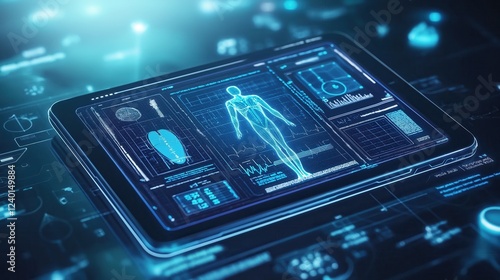 High-tech medical tablet displaying a futuristic digital health interface with biometric data and holographic human anatomy. Perfect for healthcare, AI, and medical technology concepts.