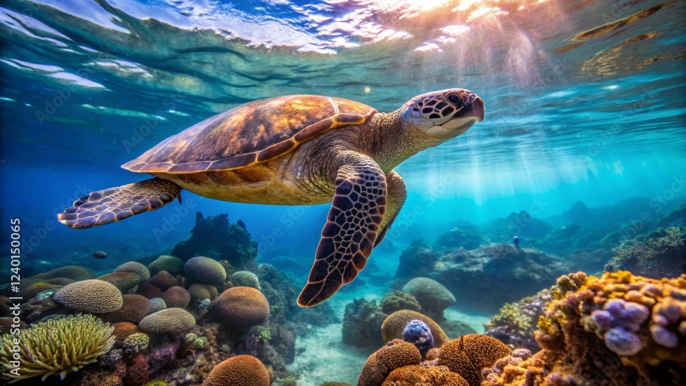 Obraz premium Majestic Sea Turtle Gliding Through Vibrant Coral Reefs Underwater