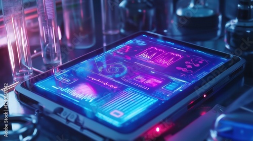 Tablet with a futuristic medical interface displaying health data, placed on a laboratory table with test tubes and equipment. Perfect for medical and technology concepts. Technology background