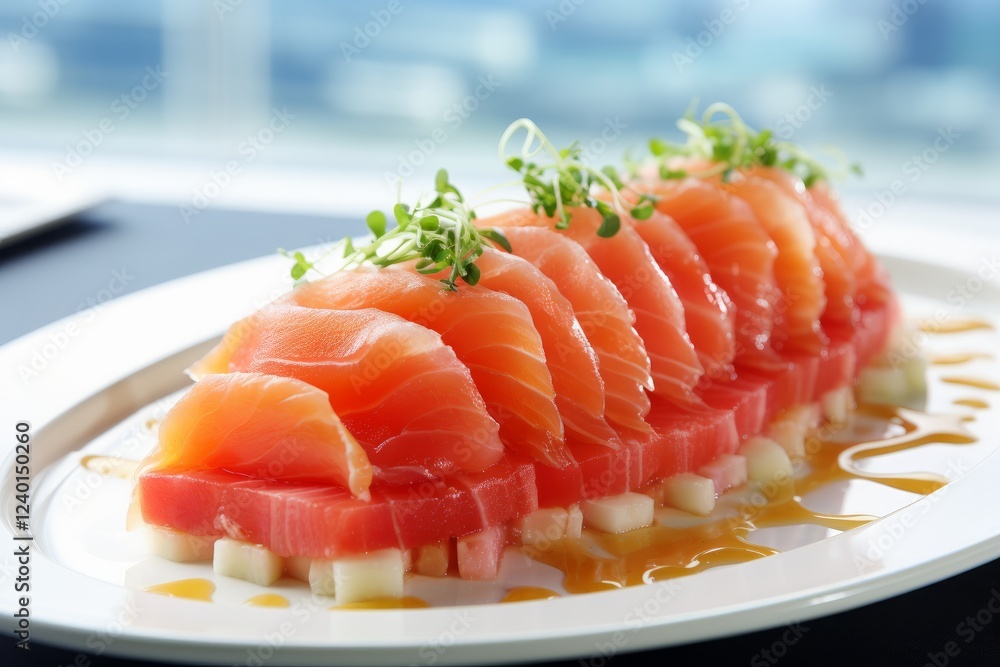 Exquisite sushi platter artfully arranged with fresh fish and garnishes. Generative AI Exquisite sushi platter artfully arranged with fresh fish and garnishes. Generative AI