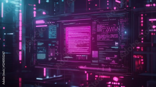 High-tech digital screen displaying cybersecurity data, programming code, and analytics in a futuristic cyber environment with neon pink and blue lighting. Technology background