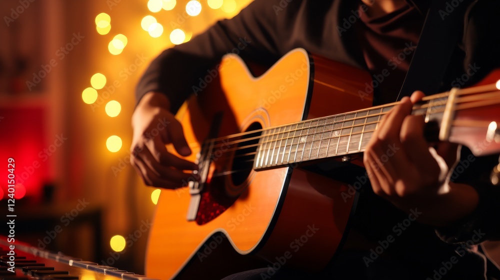 Fototapeta premium Strumming melodies softly under warm lights during a cozy evening. Generative AI