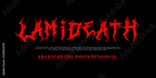 Gothic Punk style type font with Rock and Dark Rock signs and symbols. Dark style font 00s concept. Rock n Roll style lettering, designed in a heavy metal inspired font. Vector illustration