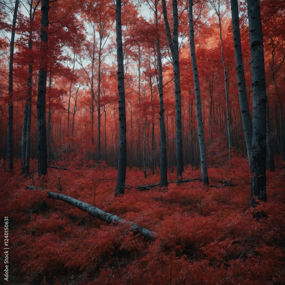 Naklejka premium A painterly, impressionistic red forest with a softly blurred background.
